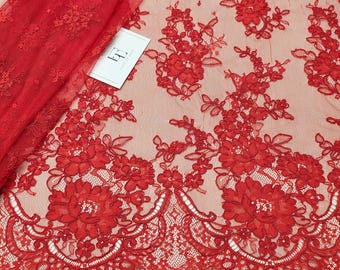 Tissu en dentelle rouge avec cordon, tissu en dentelle de chantilly française, matière en dentelle de voile pour robe de mariée, dentelle de cils florale festonnée, EVS200C