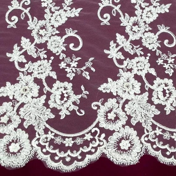 Beaded ivory lace fabric, sequin lace, French lace, chantilly lace, bridal lace, wedding lace white lace embroidered floral lace KSBY61856CB