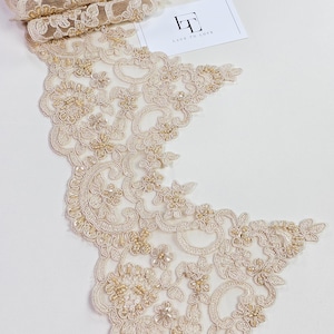Perlen beige Stickerei Spitzenbesatz, Perlenspitze, Brautspitze, Hochzeitspitze, EEV2148