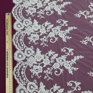 May include: Ivory lace fabric with floral and scrollwork embroidery. The delicate design features detailed flowers and swirling patterns. A ruler with centimeter markings is on the left side, showing the scale of the fabric.