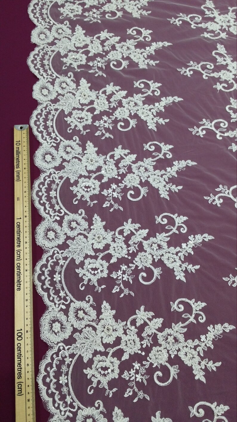 May include: Ivory lace fabric with floral and scrollwork embroidery. The delicate design features detailed flowers and swirling patterns. A ruler with centimeter markings is on the left side, showing the scale of the fabric.