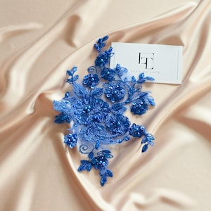 Applicazione blu, applicazione in pizzo con perline, applicazione in pizzo Chantilly francese, applicazione in pizzo da sposa 3D, M0048
