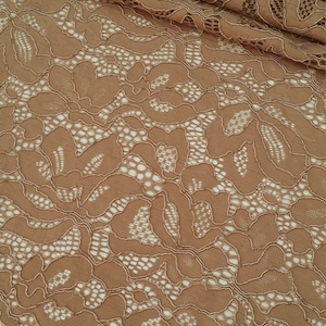 Tessuto di pizzo marrone, pizzo francese, pizzo Alençon, pizzo da sposa, pizzo da sposa, pizzo da velo, pizzo floreale smerlato, pizzo per lingerie tagliato su misura L119062