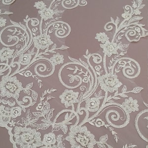 Guarnição de renda marfim com miçangas, guarnição de renda de lantejoulas, renda pérola, renda francesa, renda chantilly, renda de noiva, renda de casamento, renda branca EVSL007CB