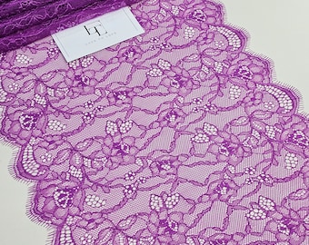 Purple French Chantilly eyelash lace trimming by the yard, lilac lace decoration ribbon, violet haberdashery lace trim, L5595