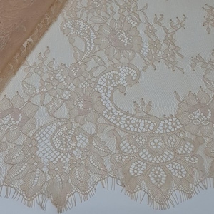 Beige Französische Chantilly Spitze Stoff, Brauthochzeitsspitze, hautfarbene Spitze, gewellte Wimpern Schleierspitze, geblümte Dessous Spitze, LK6004