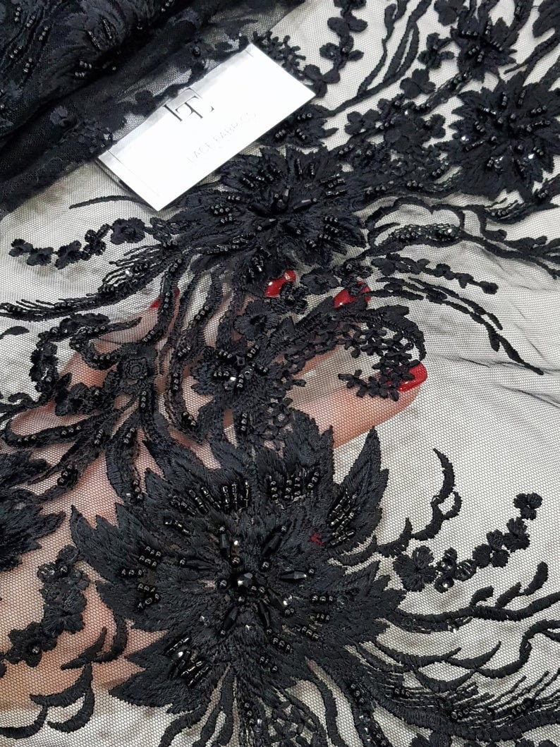 Beaded Black Lace Fabric, Sequin Lace, French Lace, Alencon Lace, Bridal  Lace, Wedding Lace White Lace Embroidered Floral Lace EVS175CB 