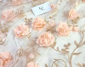 Ivory with salmon pink 3d flowers lace fabric, 3D lace fabric, handmade lace fabric HF9006