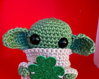 Crochet Baby Alien with Shamrock - Grogu Inspired - Handmade