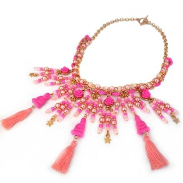 Roze Buddha Ketting, kwastjes, roosjes, goud en oranje, Ibiza style, zomer