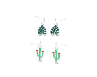 Cactus or Monstera earrings, green, silver