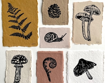 Miniprintset | Champignons | Mycologie | Varen | Slak | Bos | Handgesneden | Handgedrukt | Originele kunst | Blokafdruk