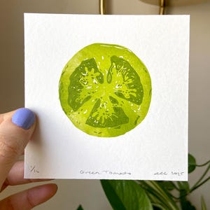 Grüner Tomaten-Block-Druck | Bauernmarkt | Lebensmittel Kunst | Küchen Kunst | Produzieren Druck | Tomate Linolschnitt