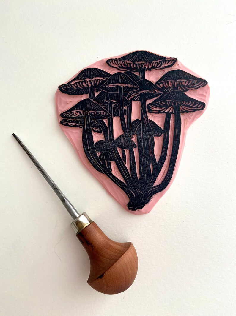 Mushrooms Original Art Block Print Hand Carved Hand Printed Unframed image 5