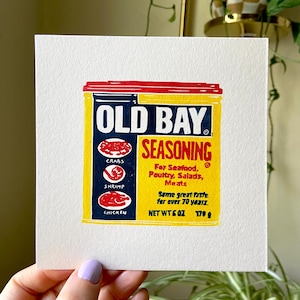 Old Bay Tin Block Print | Old Bay Linocut | Kitchen Block Print | Beach Art | Summer Art | Kitchen Print |
