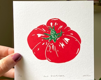 Red Beefsteak Tomato Block Print. Food Wall Art. Kitchen Decor. Original Linocut.