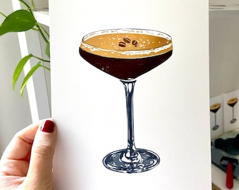 Impresión en bloque de Espresso Martini. Arte mural de cócteles. Decoración de cocina. Linograbado original (15 x 20 cm)