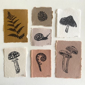 Mini Print Set | Mushrooms | Mycology | Fern | Snail | Forest | Hand Carved | Hand Printed | Original Art | Block Print