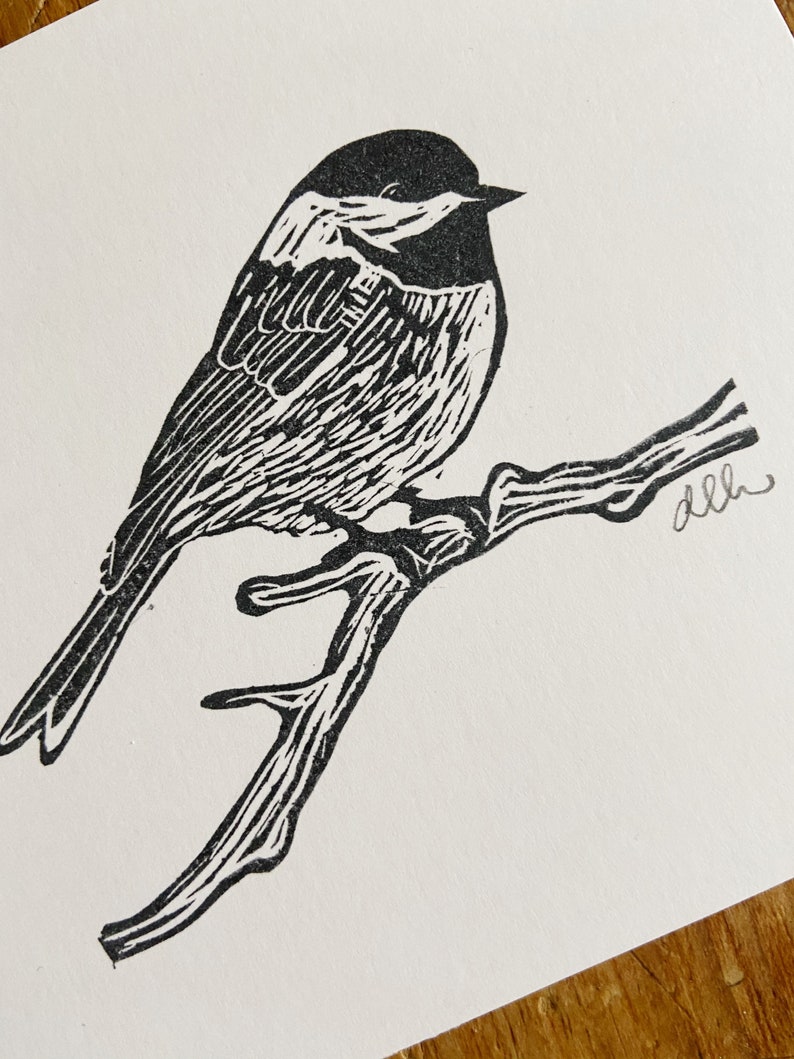 Chickadee Hand Printed Block Print Hand Carved Original Art