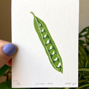 Süße Erbse Block Print. Essen Wandbild. Küchen Dekor. Original Linolschnitt.