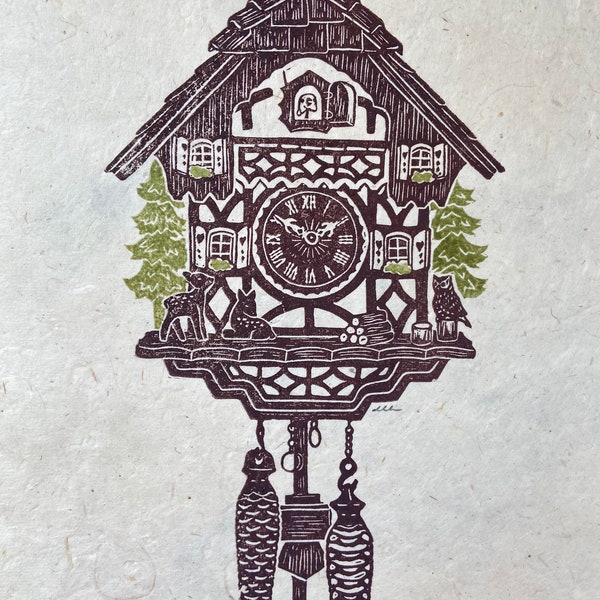 Cuckoo Clock | | Chalet Cuckoo Clock | Linocut | Original Art | Block Print | Hand Carved | Hand Printed | Unframed