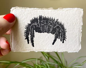 Mini Jumping Spider Print | Halloween Art | Original Art | Block Print | Hand Carved | Hand Printed | Unframed