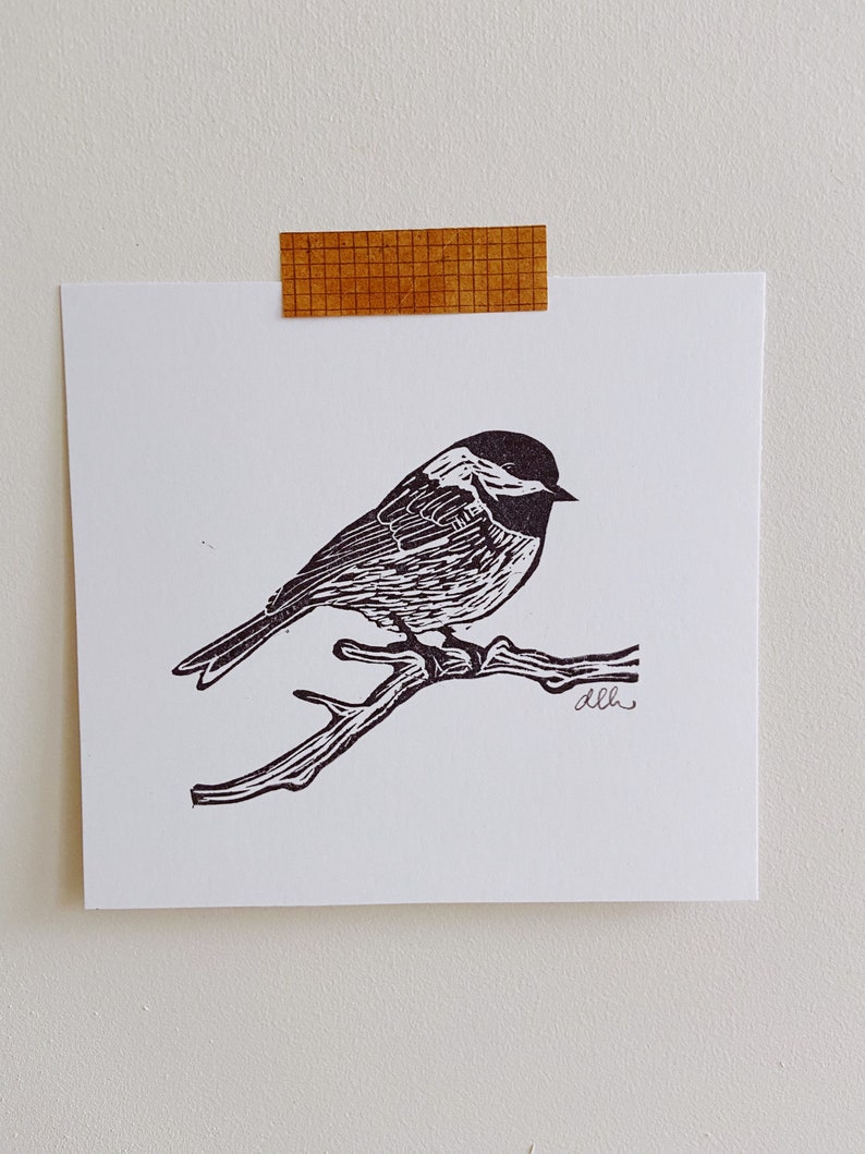 Chickadee Hand Printed Block Print Hand Carved Original Art