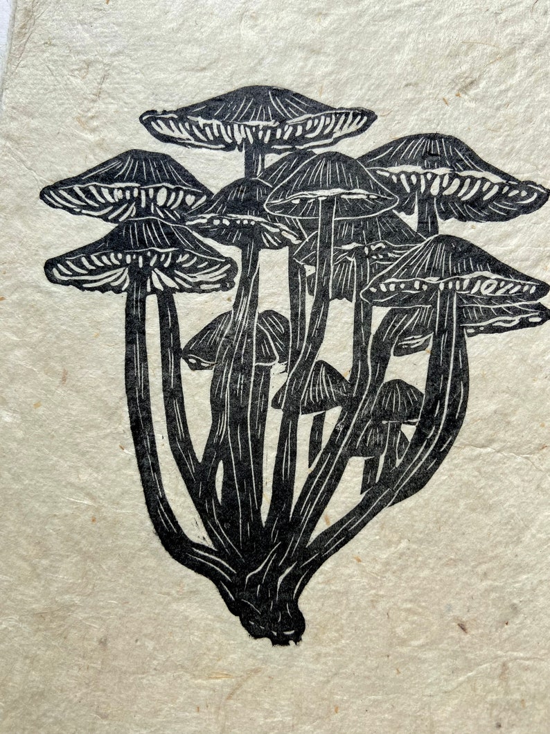 Mushrooms Original Art Block Print Hand Carved Hand Printed Unframed image 3