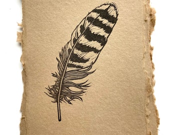 Red Tailed Hawk Feather | Feather Linocut | Bird Art | Block Print | Hand Carved | Hand Printed