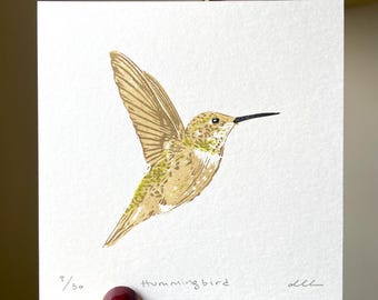 Hummingbird Block Print. Nature and Garden Wall Art. Bird Home Decor. Original Linocut.