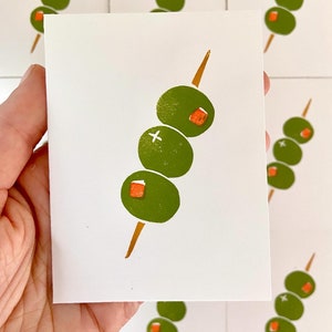Olives Print | Green Olives  | Dirty Martini Olives | Cocktail Olives Art | Olives Linocut | Food Art | Kitchen Art