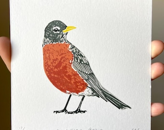 American Robin Block Print. Bird Wall Art. Nature Home Decor. Original Linocut.