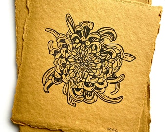 Mustard Chrysanthemum | Hand Carved | Hand Printed | Original Art | Block Print | Unframed