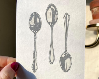 Silver Spoons Block Print. Food Wall Art. Kitchen Decor. Original Linocut.