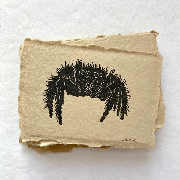 Mini Jumping Spider Print | Halloween Art | Original Art | Block Print | Hand Carved | Hand Printed | Unframed