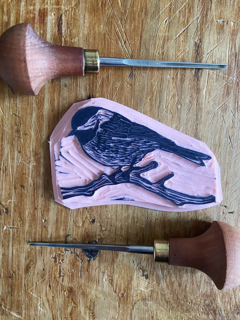 Chickadee Hand Printed Block Print Hand Carved Original Art