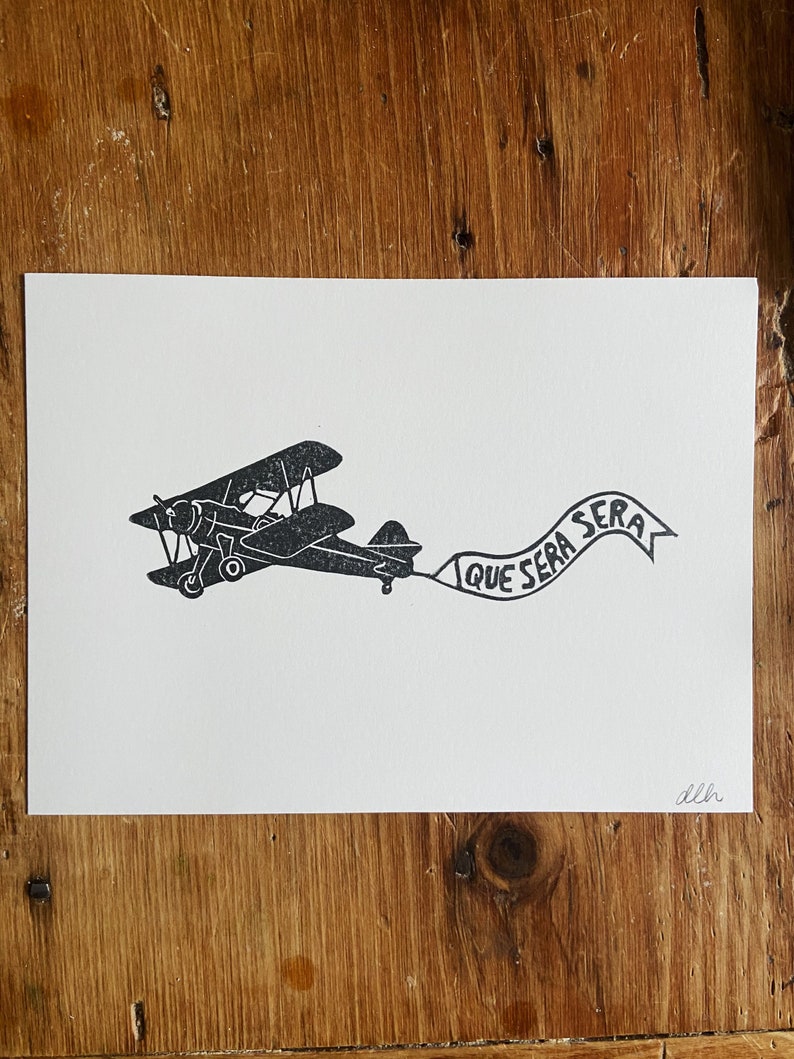 Hand Carved Original Art Plane Print Block Print Que Sera Sera Hand Printed