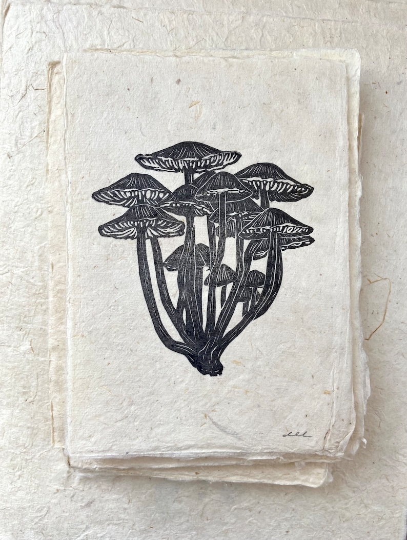 Mushrooms Original Art Block Print Hand Carved Hand Printed Unframed image 1