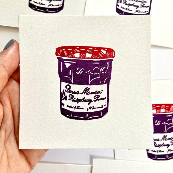 Bonne Maman Raspberry Preserves Block Print. Food Wall Art. Kitchen Decor. Original Linocut (4x4")
