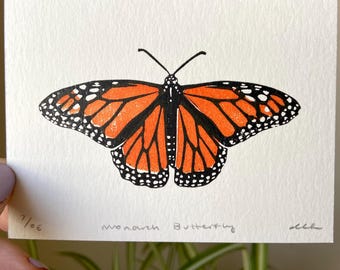 Monarch Butterfly Block Print. Nature and Garden Wall Art. Home Decor. Mini Print. Original Linocut.
