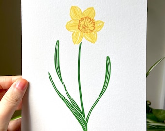 Handprinted Daffodil Linocut: Botanical Spring Art (6x8")