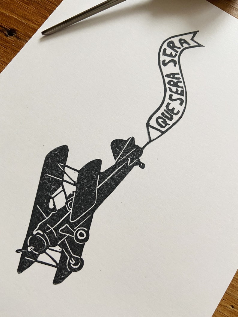 Hand Carved Original Art Plane Print Block Print Que Sera Sera Hand Printed