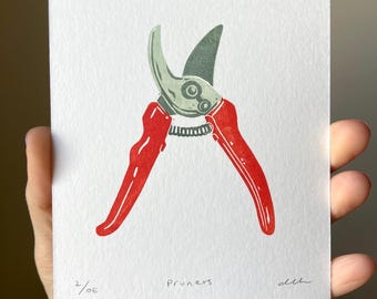 Garden Pruners Block Print. Garden and Nature Wall Art. Garden and Floral Home Decor. Original Linocut.