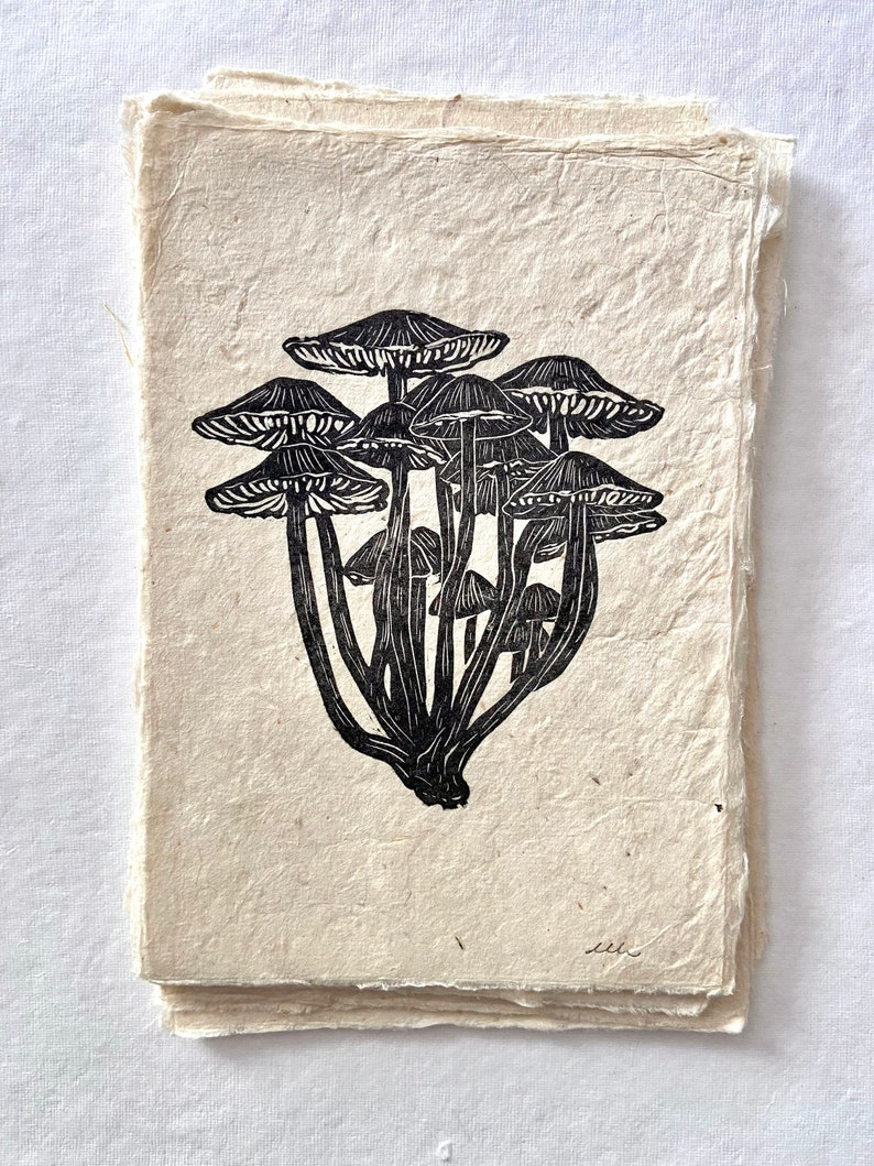 Mushrooms Original Art Block Print Hand Carved Hand Printed Unframed image 4