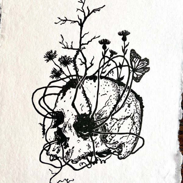 Skull | Death and Rebirth | Monarch | Spiritual Symbolism | Print | Original Art | Block Print | Hand Carved | Hand Printed | Unframed