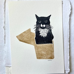 Cat in a Box | Original Art | Hand Carved | Hand Printed | Unframed