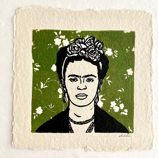 Frida Kahlo Block Print. Floral Wall Art. Home Decor. Original Linocut.