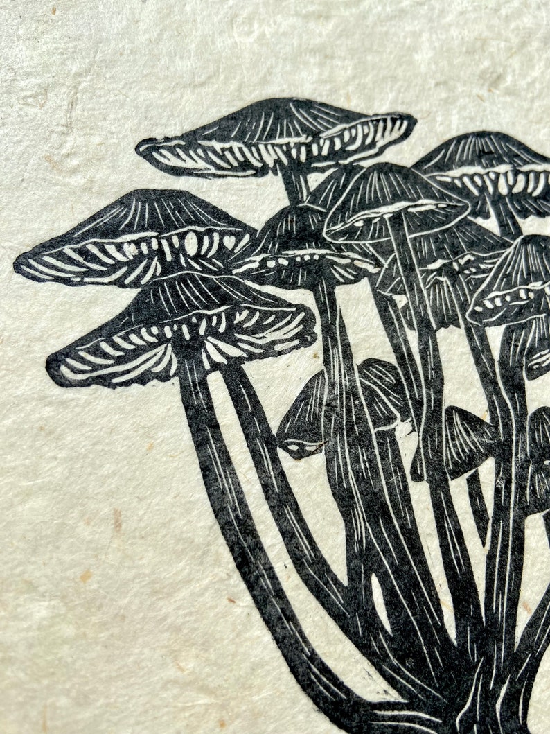 Mushrooms Original Art Block Print Hand Carved Hand Printed Unframed image 2