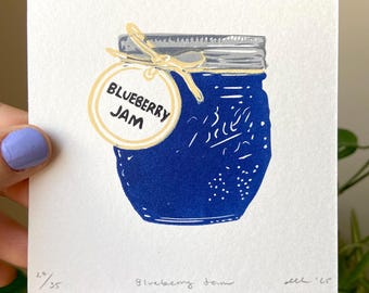 Blueberry Jam Block Print. Food Wall Art. Kitchen Decor. Original Linocut.