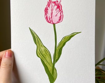 Frilly Tulip Block Print | Botanical Art | Tulip Print | Flower Linocut Print | Tulip Linocut | Garden Art | Spring Art